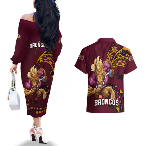 nrl-broncos-premiers-couples-matching-off-the-shoulder-long-sleeve-dress-and-hawaiian-shirt-mascot-with-polynesian-pattern-version-2023