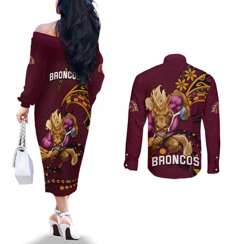 nrl-broncos-premiers-couples-matching-off-the-shoulder-long-sleeve-dress-and-long-sleeve-button-shirts-mascot-with-polynesian-pattern-version-2023
