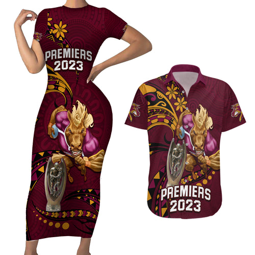 nrl-broncos-premiers-couples-matching-short-sleeve-bodycon-dress-and-hawaiian-shirt-mascot-with-polynesian-pattern-version-2023