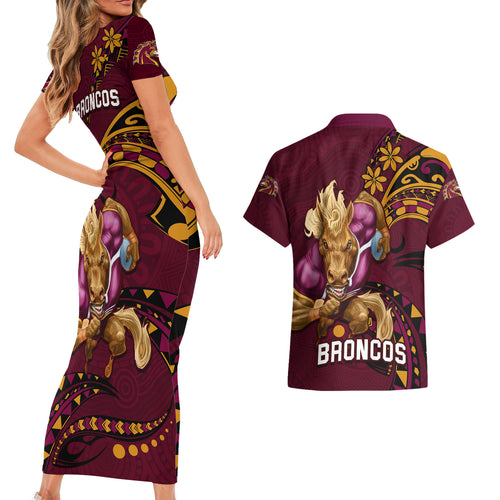 nrl-broncos-premiers-couples-matching-short-sleeve-bodycon-dress-and-hawaiian-shirt-mascot-with-polynesian-pattern-version-2023