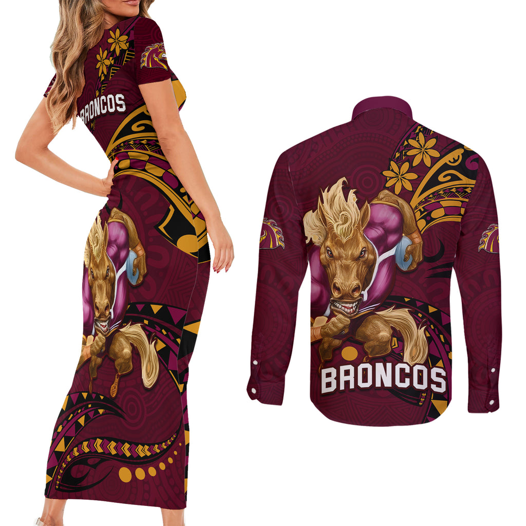 nrl-broncos-premiers-couples-matching-short-sleeve-bodycon-dress-and-long-sleeve-button-shirts-mascot-with-polynesian-pattern-version-2023