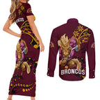nrl-broncos-premiers-couples-matching-short-sleeve-bodycon-dress-and-long-sleeve-button-shirts-mascot-with-polynesian-pattern-version-2023