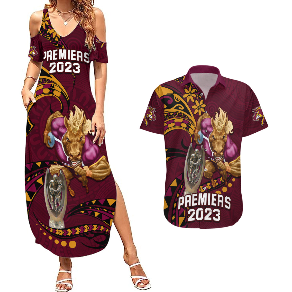 nrl-broncos-premiers-couples-matching-summer-maxi-dress-and-hawaiian-shirt-mascot-with-polynesian-pattern-version-2023