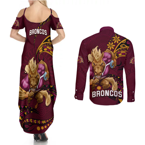 nrl-broncos-premiers-couples-matching-summer-maxi-dress-and-long-sleeve-button-shirts-mascot-with-polynesian-pattern-version-2023
