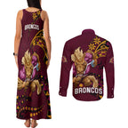 nrl-broncos-premiers-couples-matching-tank-maxi-dress-and-long-sleeve-button-shirts-mascot-with-polynesian-pattern-version-2023