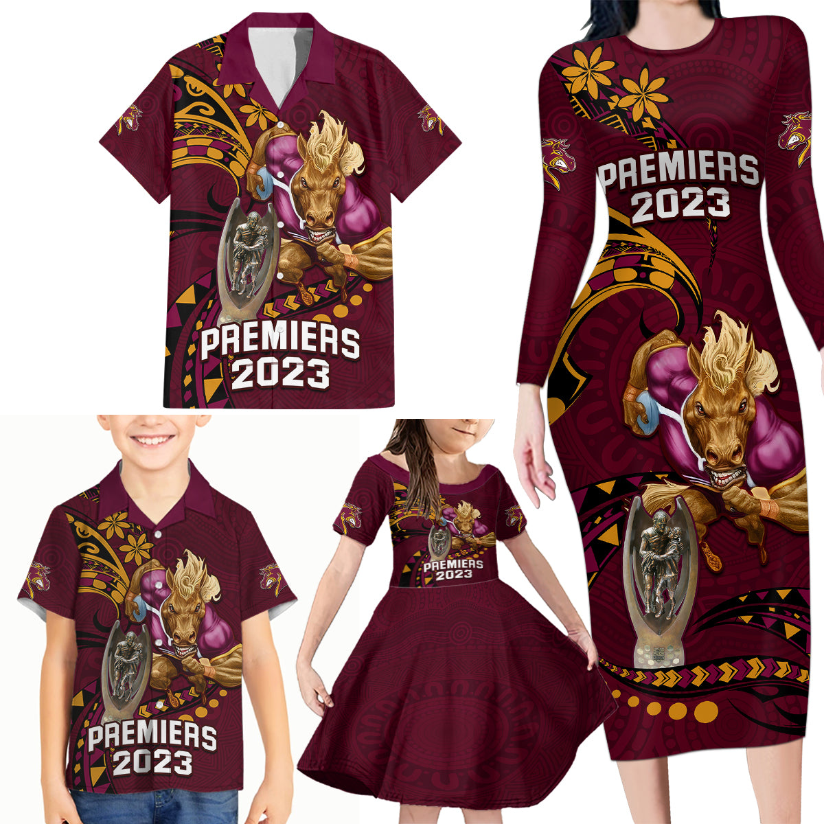 nrl-broncos-premiers-family-matching-long-sleeve-bodycon-dress-and-hawaiian-shirt-mascot-with-polynesian-pattern-version-2023