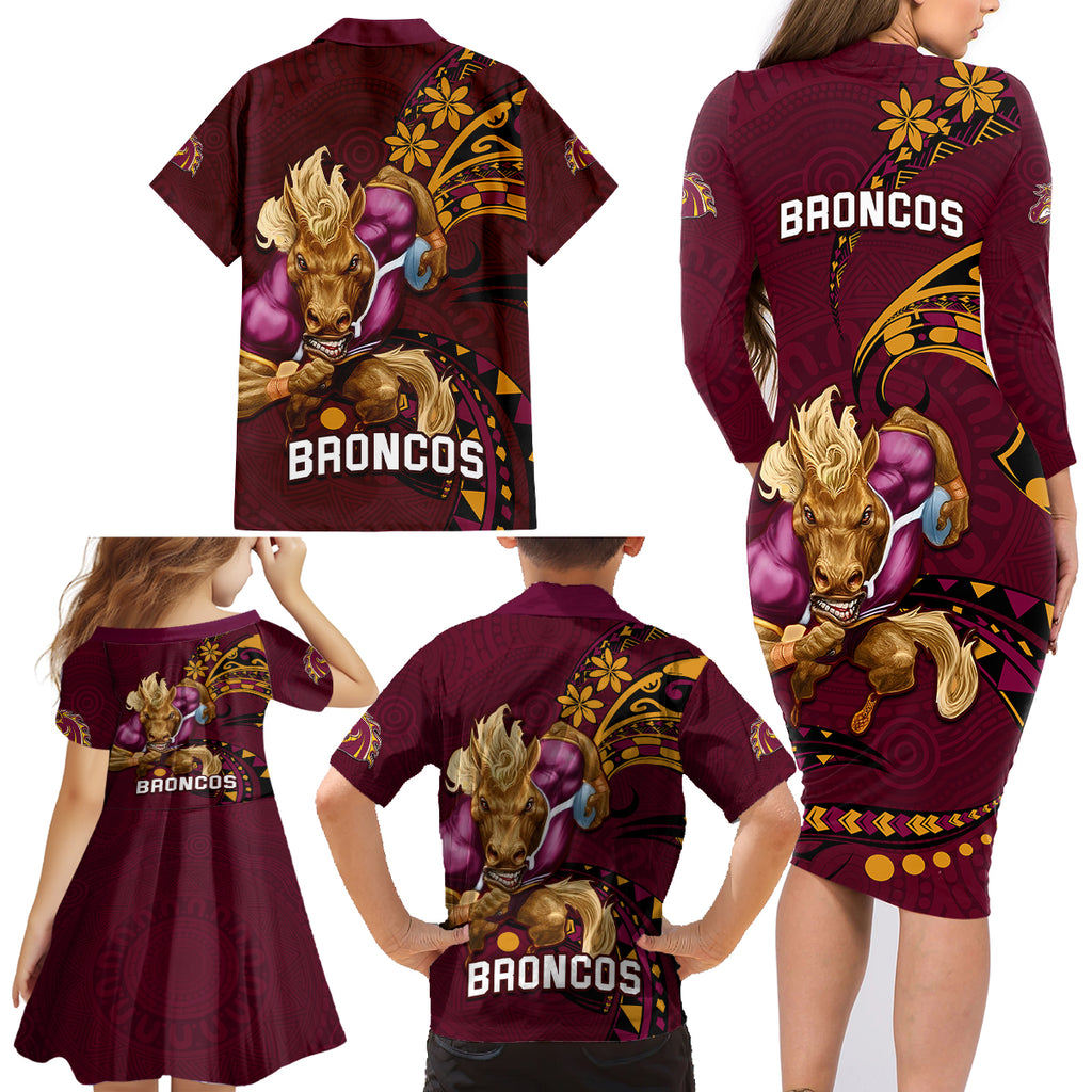 nrl-broncos-premiers-family-matching-long-sleeve-bodycon-dress-and-hawaiian-shirt-mascot-with-polynesian-pattern-version-2023