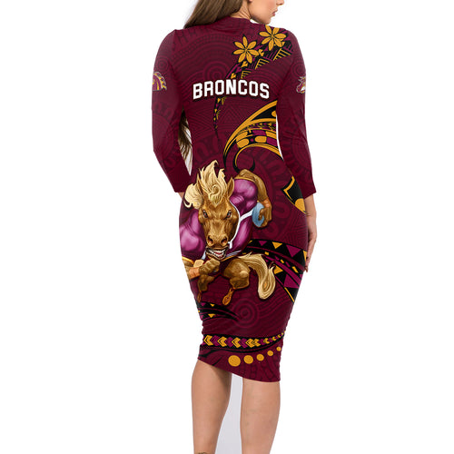nrl-broncos-premiers-family-matching-long-sleeve-bodycon-dress-and-hawaiian-shirt-mascot-with-polynesian-pattern-version-2023