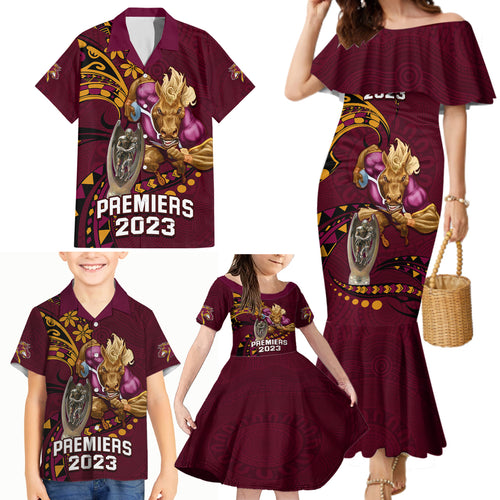 nrl-broncos-premiers-family-matching-mermaid-dress-and-hawaiian-shirt-mascot-with-polynesian-pattern-version-2023