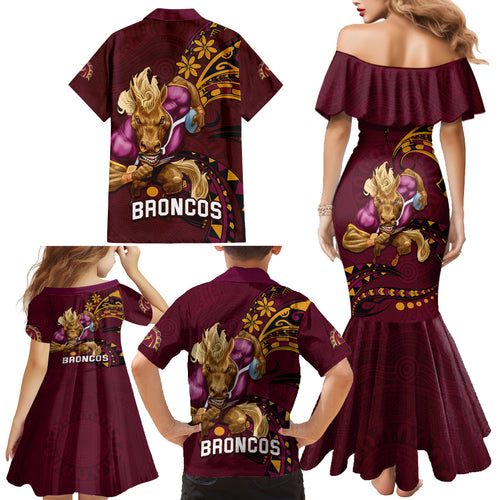nrl-broncos-premiers-family-matching-mermaid-dress-and-hawaiian-shirt-mascot-with-polynesian-pattern-version-2023