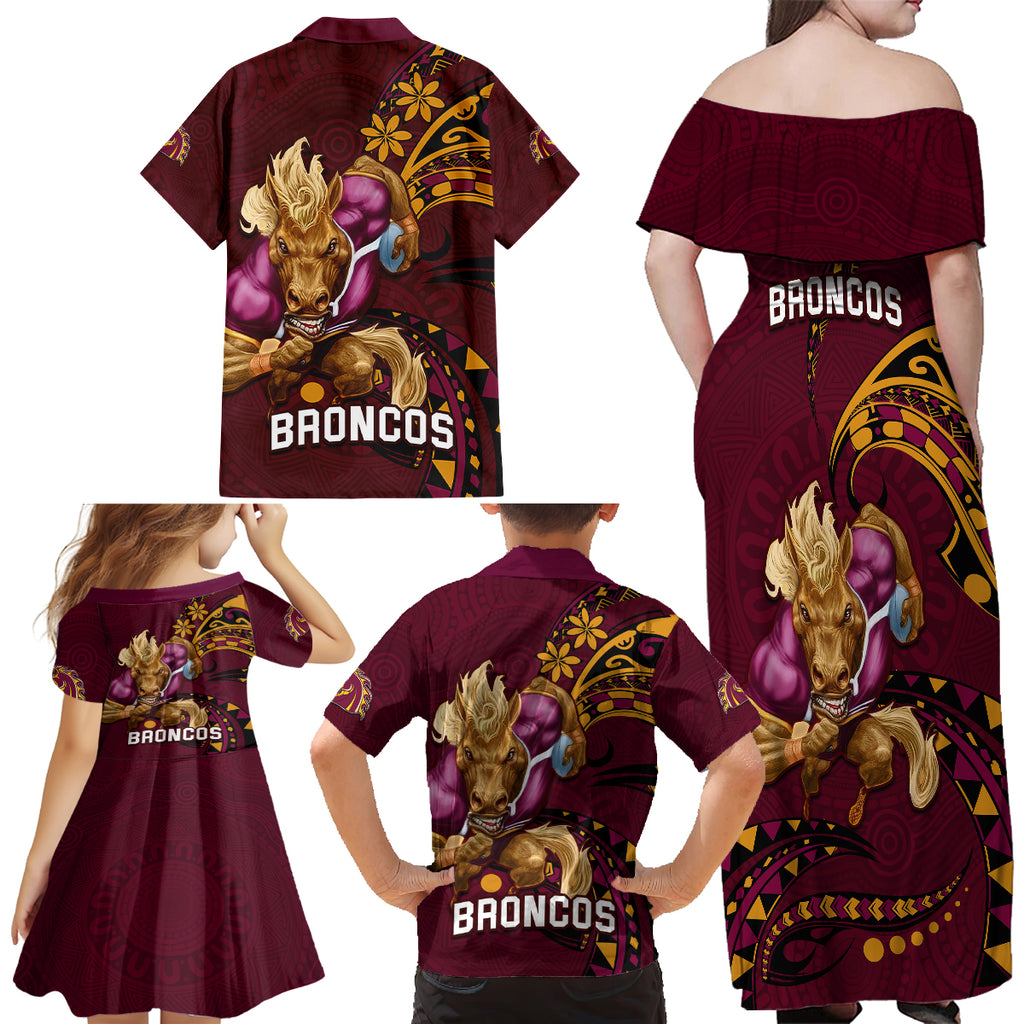nrl-broncos-premiers-family-matching-off-shoulder-long-sleeve-dress-and-hawaiian-shirt-mascot-with-polynesian-pattern-version-2023