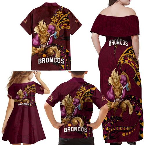 nrl-broncos-premiers-family-matching-off-shoulder-long-sleeve-dress-and-hawaiian-shirt-mascot-with-polynesian-pattern-version-2023