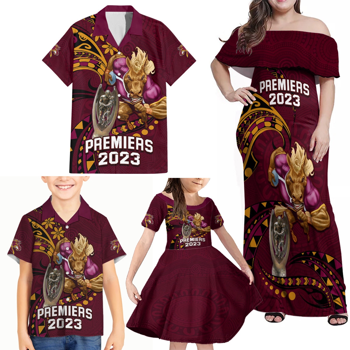 nrl-broncos-premiers-family-matching-off-shoulder-maxi-dress-and-hawaiian-shirt-mascot-with-polynesian-pattern-version-2023