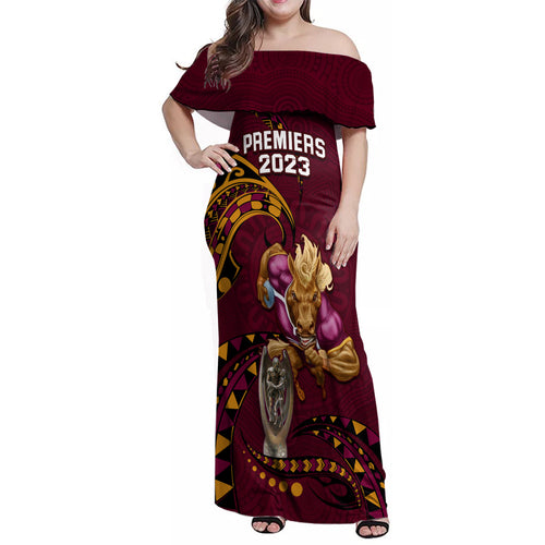 nrl-broncos-premiers-family-matching-off-shoulder-maxi-dress-and-hawaiian-shirt-mascot-with-polynesian-pattern-version-2023