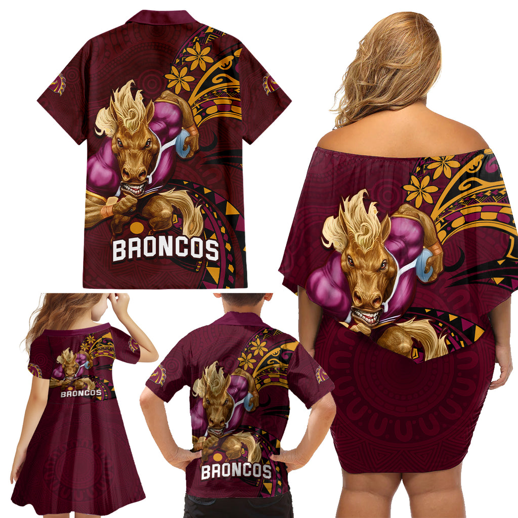 nrl-broncos-premiers-family-matching-off-shoulder-short-dress-and-hawaiian-shirt-mascot-with-polynesian-pattern-version-2023