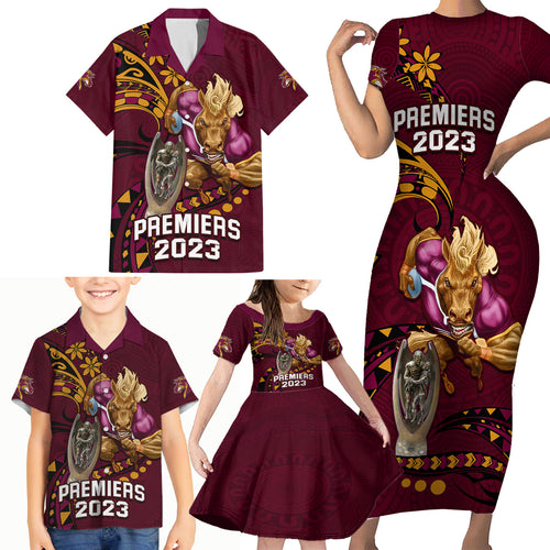 nrl-broncos-premiers-family-matching-short-sleeve-bodycon-dress-and-hawaiian-shirt-mascot-with-polynesian-pattern-version-2023