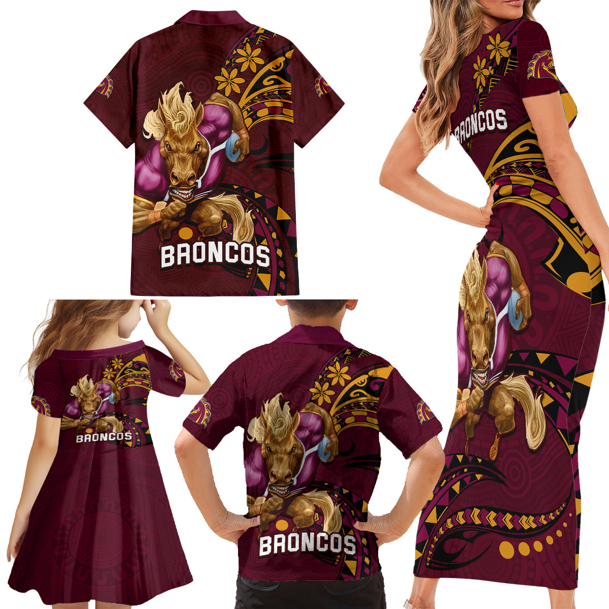 nrl-broncos-premiers-family-matching-short-sleeve-bodycon-dress-and-hawaiian-shirt-mascot-with-polynesian-pattern-version-2023