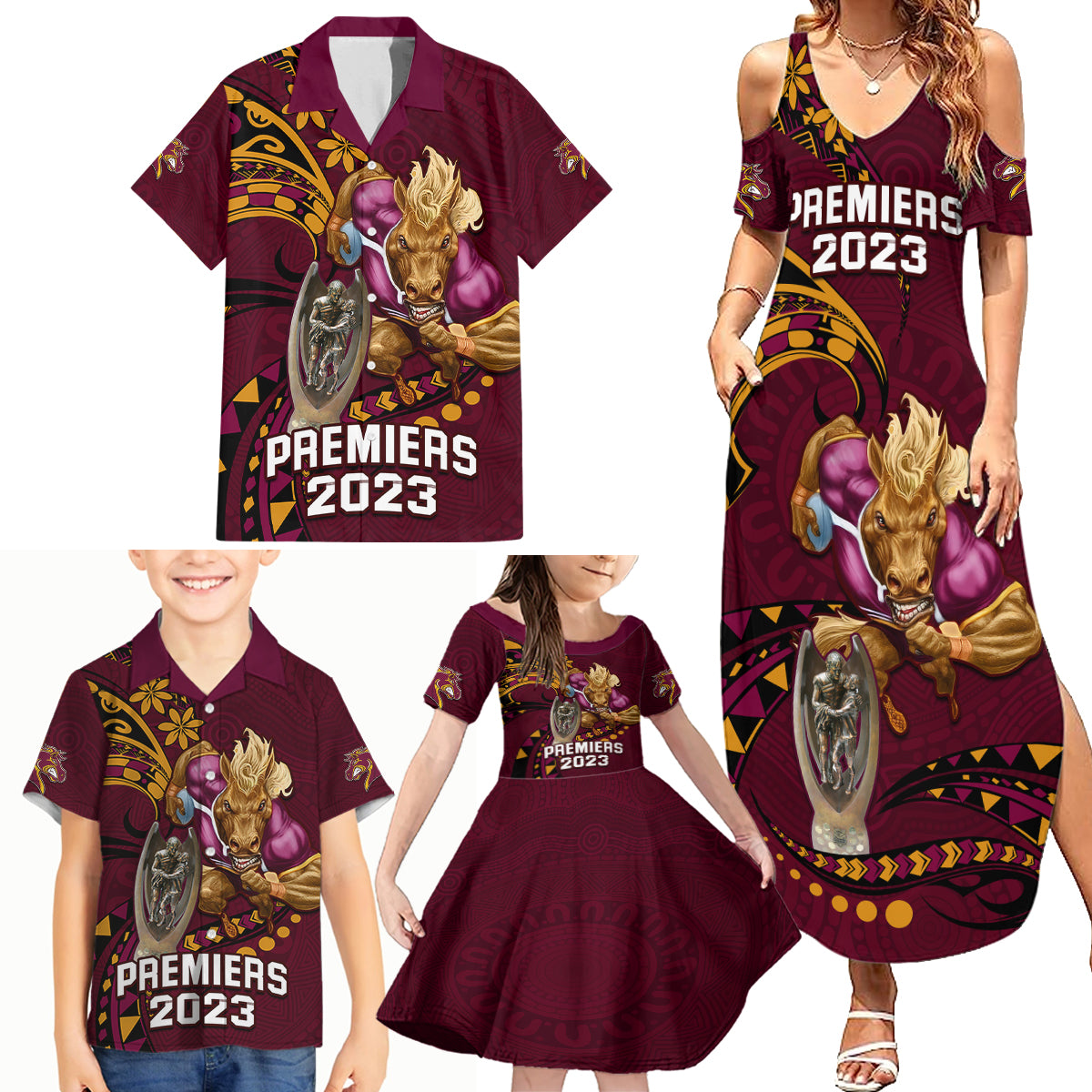 nrl-broncos-premiers-family-matching-summer-maxi-dress-and-hawaiian-shirt-mascot-with-polynesian-pattern-version-2023