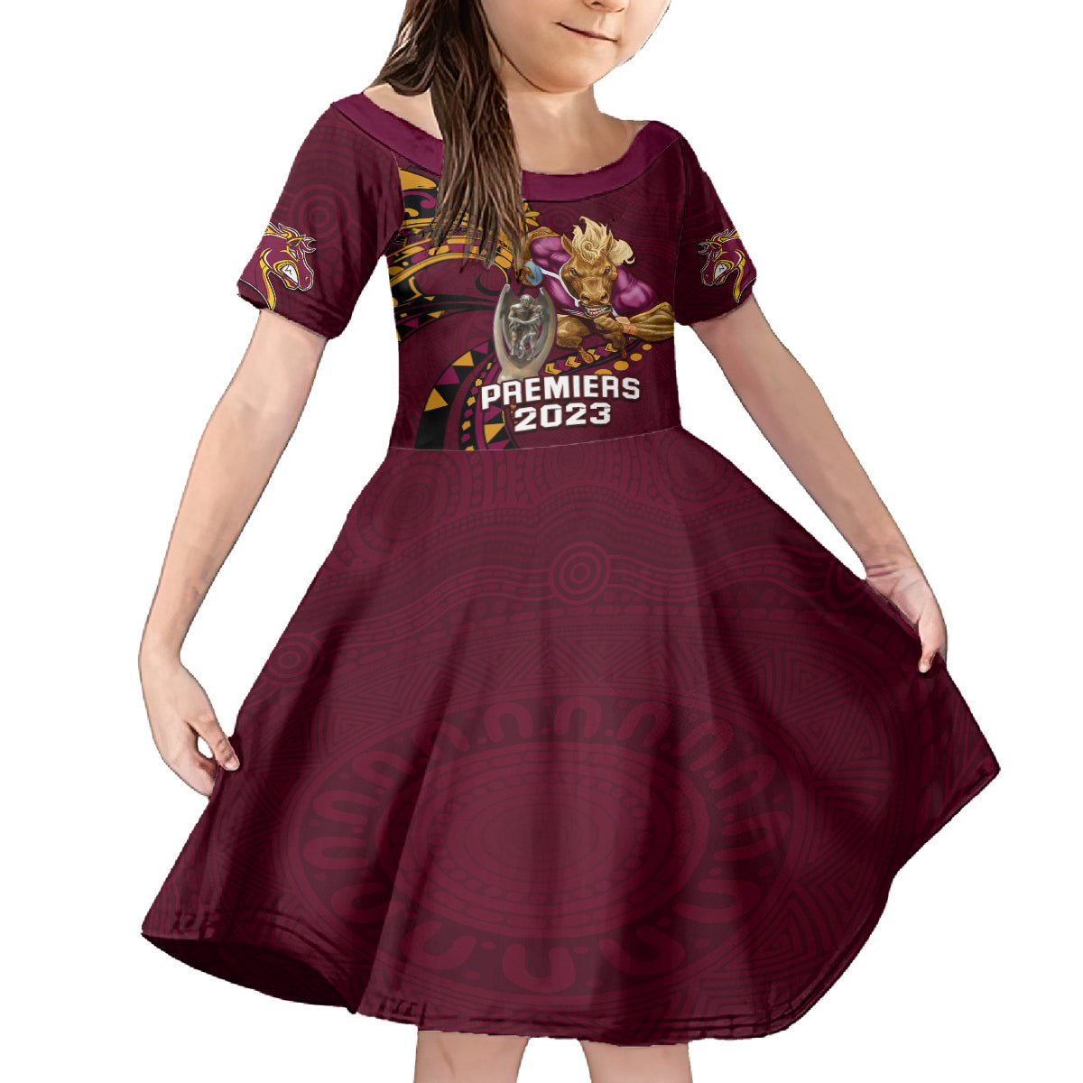 nrl-broncos-premiers-kid-short-sleeve-dress-mascot-with-polynesian-pattern-version-2023