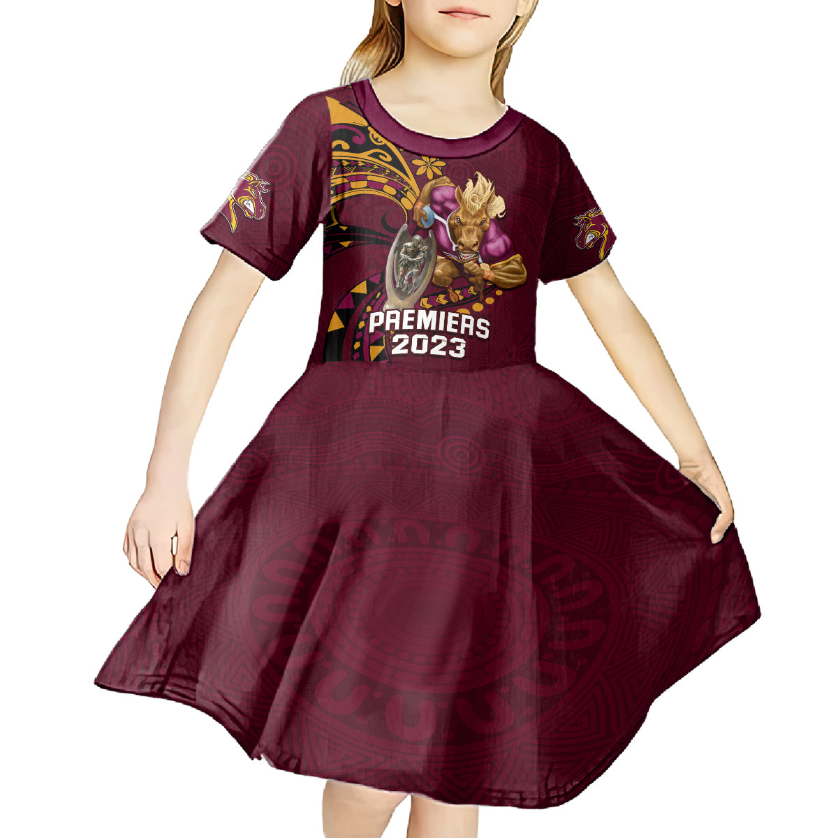 nrl-broncos-premiers-kid-short-sleeve-dress-mascot-with-polynesian-pattern-version-2023