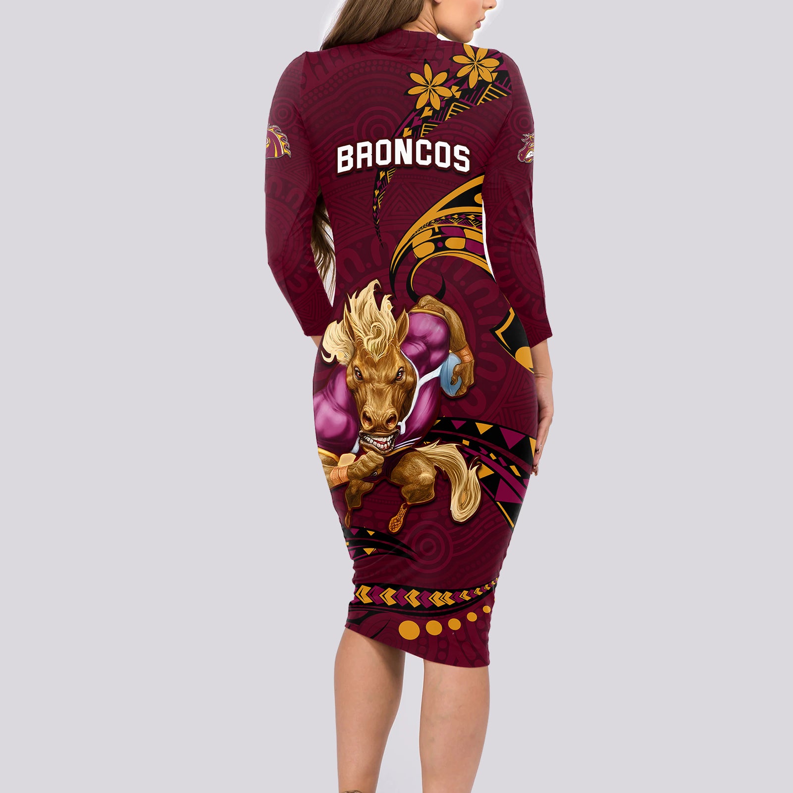 nrl-broncos-premiers-long-sleeve-bodycon-dress-mascot-with-polynesian-pattern-version-2023