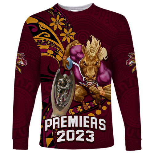 nrl-broncos-premiers-long-sleeve-shirt-mascot-with-polynesian-pattern-version-2023