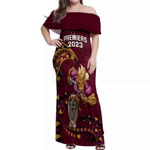 nrl-broncos-premiers-off-shoulder-maxi-dress-mascot-with-polynesian-pattern-version-2023