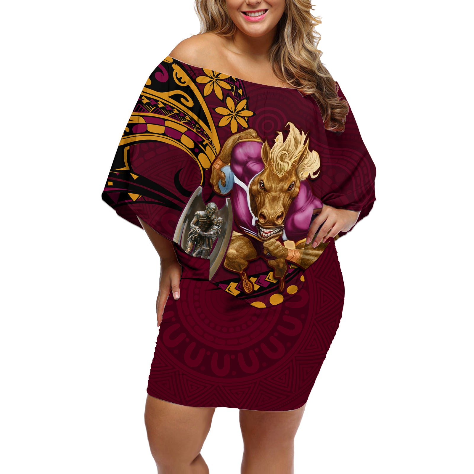 nrl-broncos-premiers-off-shoulder-short-dress-mascot-with-polynesian-pattern-version-2023