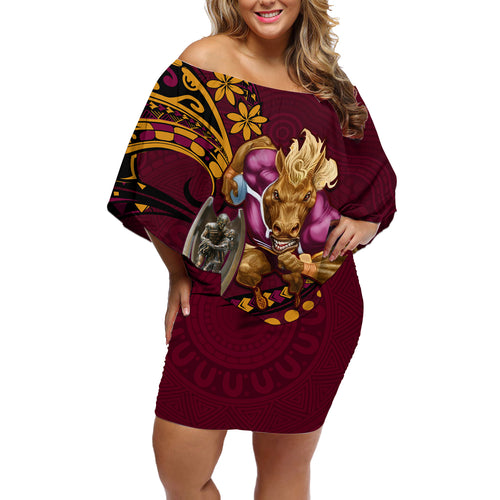 nrl-broncos-premiers-off-shoulder-short-dress-mascot-with-polynesian-pattern-version-2023