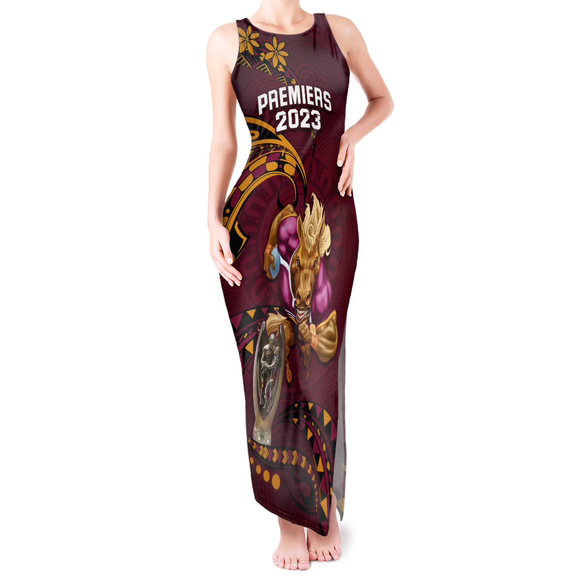 nrl-broncos-premiers-tank-maxi-dress-mascot-with-polynesian-pattern-version-2023