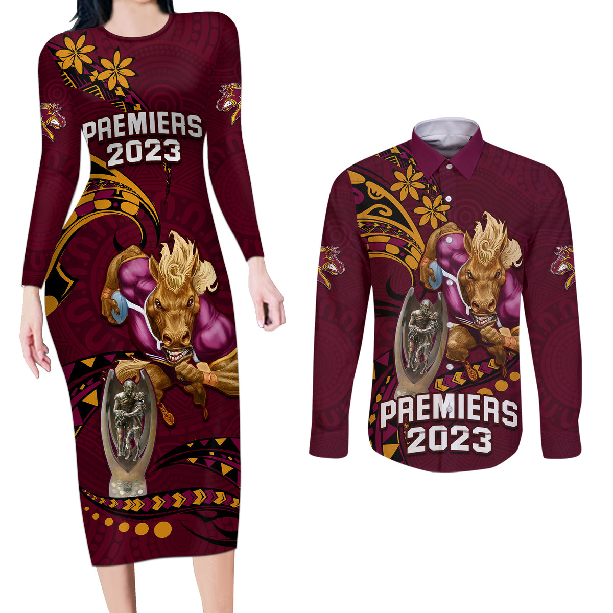 custom-nrl-broncos-premiers-couples-matching-long-sleeve-bodycon-dress-and-long-sleeve-button-shirts-mascot-with-polynesian-pattern-version-2023