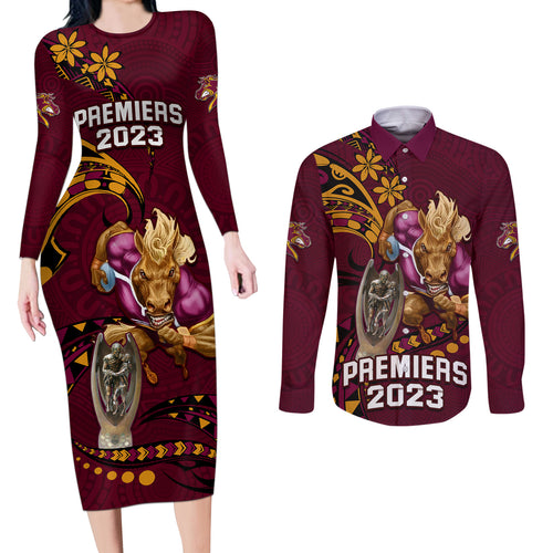 custom-nrl-broncos-premiers-couples-matching-long-sleeve-bodycon-dress-and-long-sleeve-button-shirts-mascot-with-polynesian-pattern-version-2023