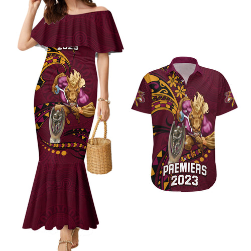 custom-nrl-broncos-premiers-couples-matching-mermaid-dress-and-hawaiian-shirt-mascot-with-polynesian-pattern-version-2023