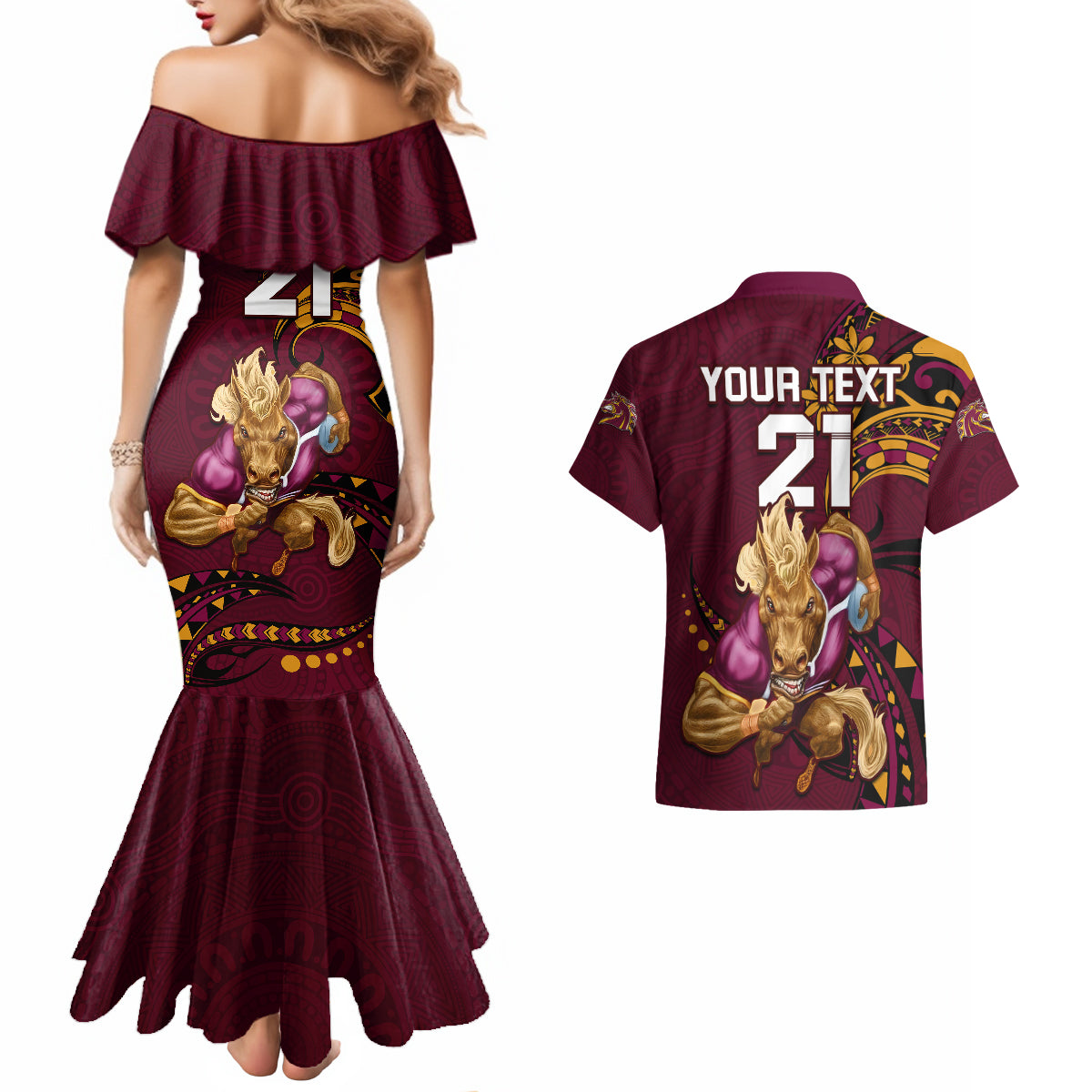 custom-nrl-broncos-premiers-couples-matching-mermaid-dress-and-hawaiian-shirt-mascot-with-polynesian-pattern-version-2023