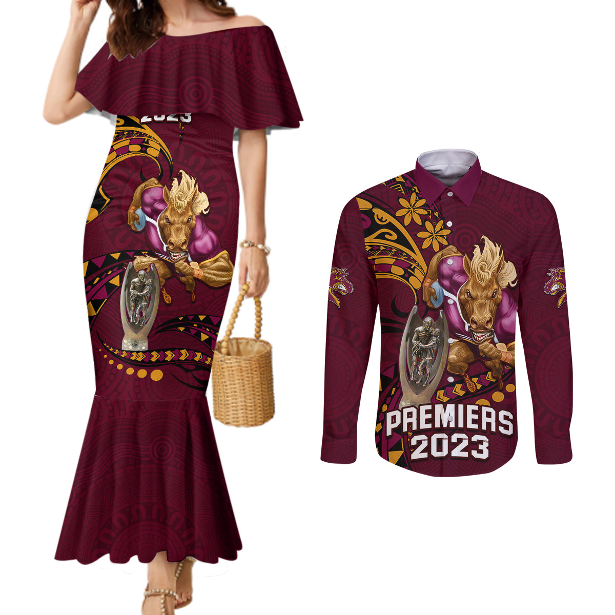 custom-nrl-broncos-premiers-couples-matching-mermaid-dress-and-long-sleeve-button-shirts-mascot-with-polynesian-pattern-version-2023
