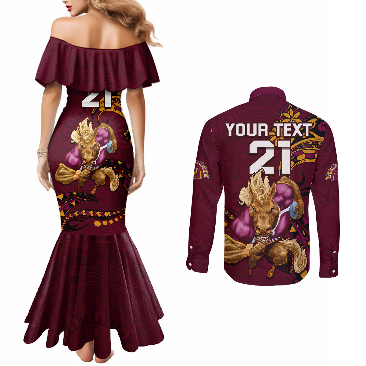 custom-nrl-broncos-premiers-couples-matching-mermaid-dress-and-long-sleeve-button-shirts-mascot-with-polynesian-pattern-version-2023
