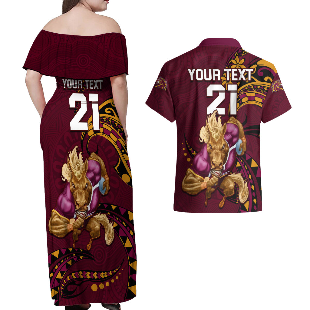 custom-nrl-broncos-premiers-couples-matching-off-shoulder-maxi-dress-and-hawaiian-shirt-mascot-with-polynesian-pattern-version-2023