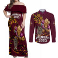 custom-nrl-broncos-premiers-couples-matching-off-shoulder-maxi-dress-and-long-sleeve-button-shirts-mascot-with-polynesian-pattern-version-2023