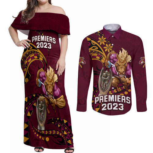 custom-nrl-broncos-premiers-couples-matching-off-shoulder-maxi-dress-and-long-sleeve-button-shirts-mascot-with-polynesian-pattern-version-2023