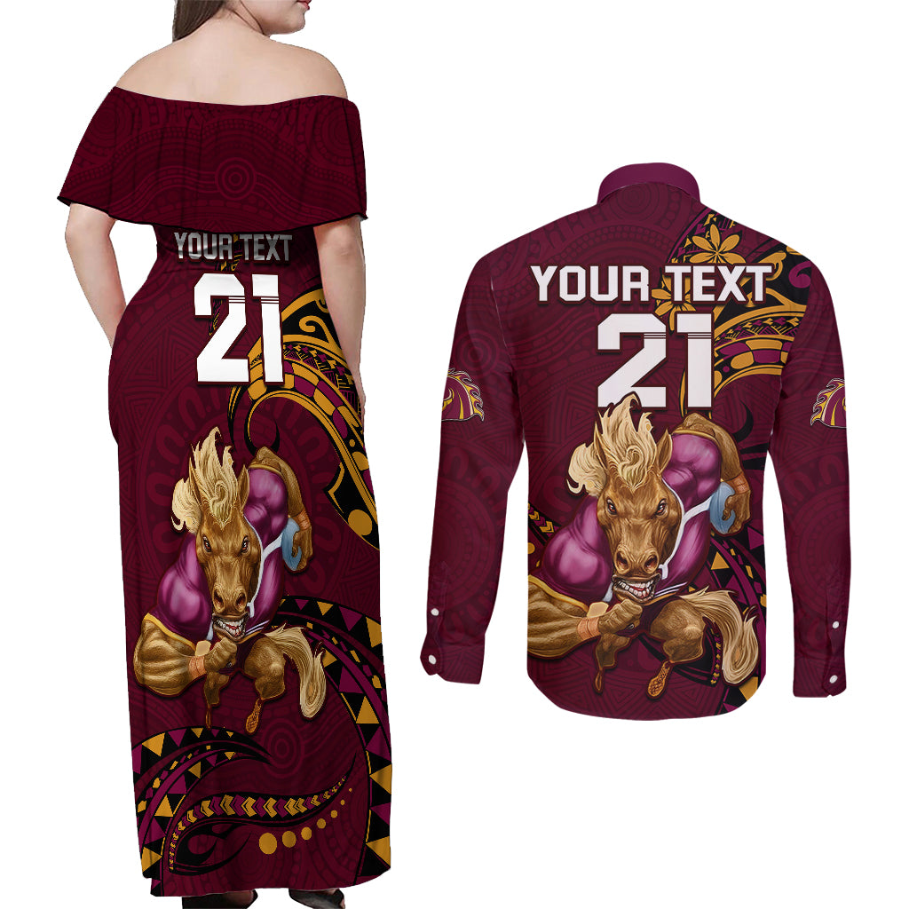 custom-nrl-broncos-premiers-couples-matching-off-shoulder-maxi-dress-and-long-sleeve-button-shirts-mascot-with-polynesian-pattern-version-2023