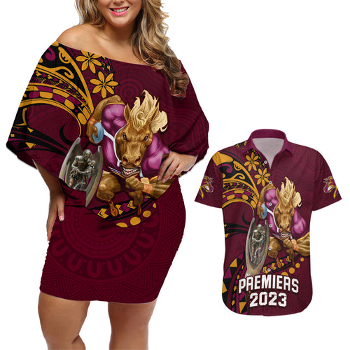 custom-nrl-broncos-premiers-couples-matching-off-shoulder-short-dress-and-hawaiian-shirt-mascot-with-polynesian-pattern-version-2023