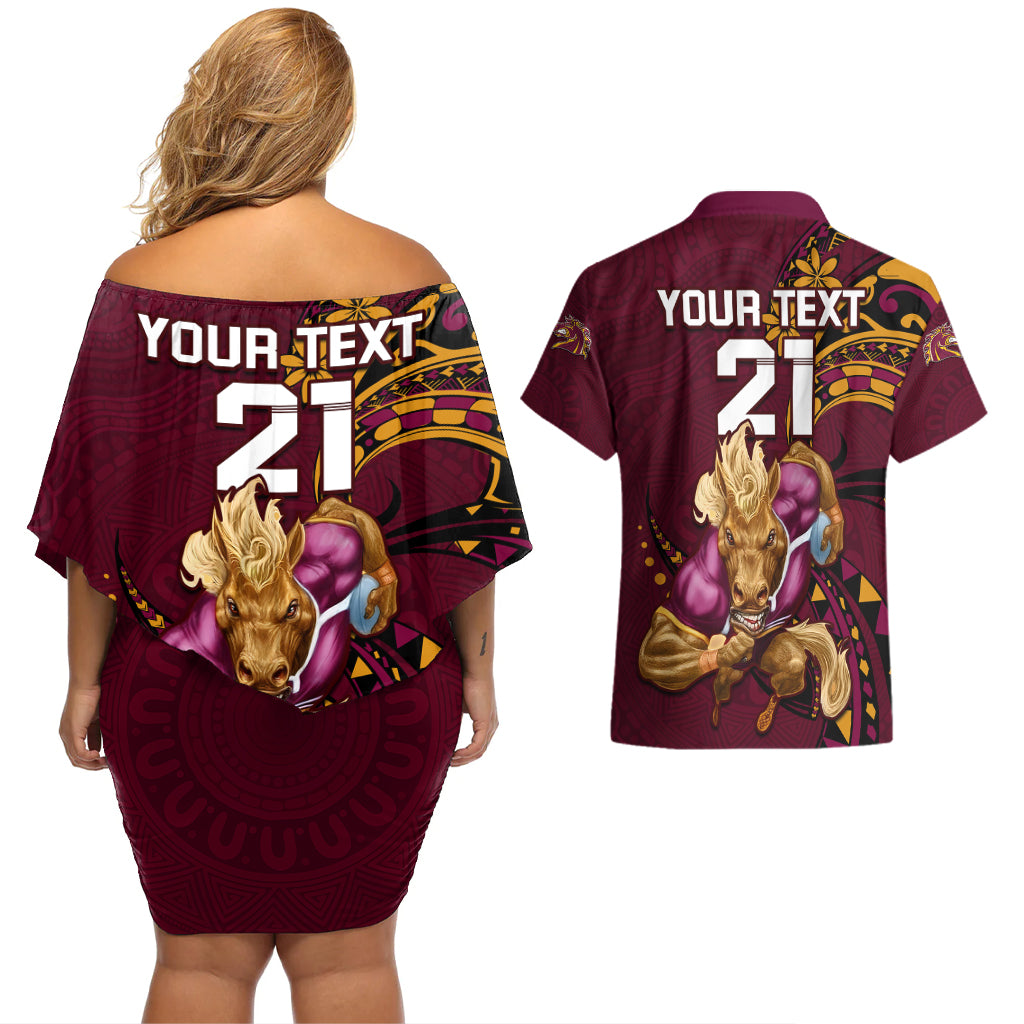 custom-nrl-broncos-premiers-couples-matching-off-shoulder-short-dress-and-hawaiian-shirt-mascot-with-polynesian-pattern-version-2023