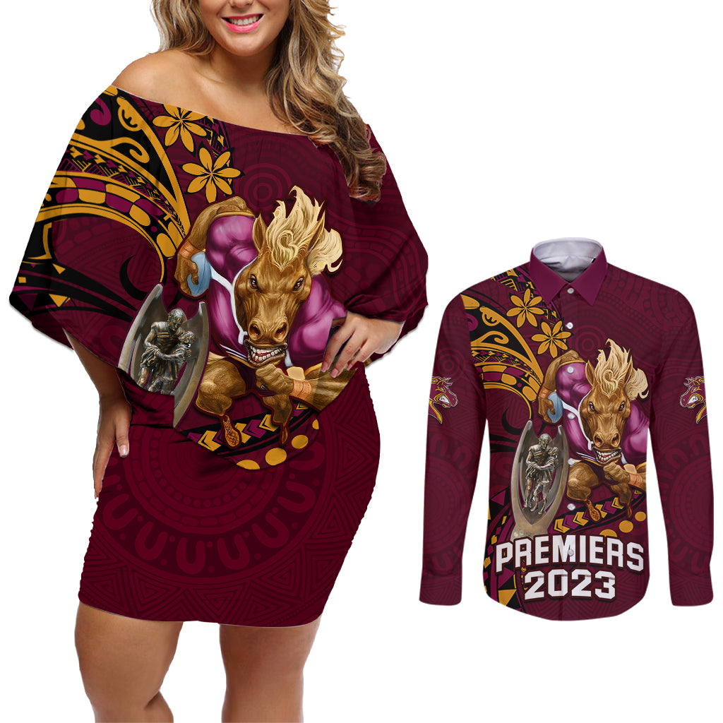 custom-nrl-broncos-premiers-couples-matching-off-shoulder-short-dress-and-long-sleeve-button-shirts-mascot-with-polynesian-pattern-version-2023