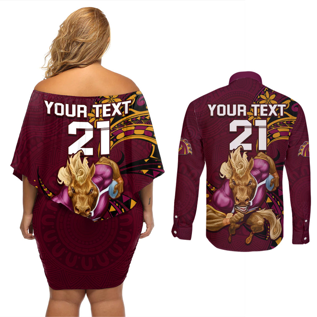custom-nrl-broncos-premiers-couples-matching-off-shoulder-short-dress-and-long-sleeve-button-shirts-mascot-with-polynesian-pattern-version-2023
