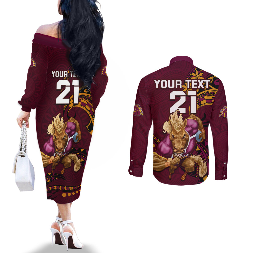 custom-nrl-broncos-premiers-couples-matching-off-the-shoulder-long-sleeve-dress-and-long-sleeve-button-shirts-mascot-with-polynesian-pattern-version-2023