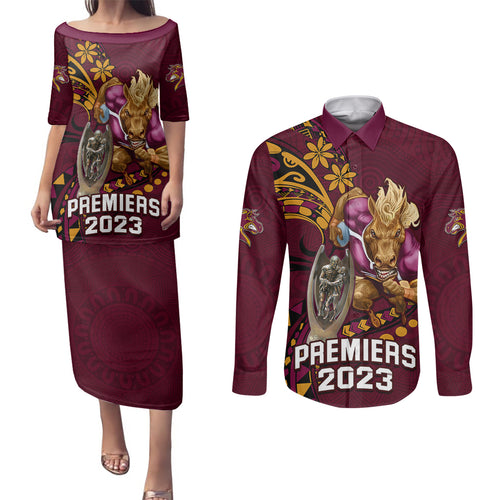 custom-nrl-broncos-premiers-couples-matching-puletasi-dress-and-long-sleeve-button-shirts-mascot-with-polynesian-pattern-version-2023