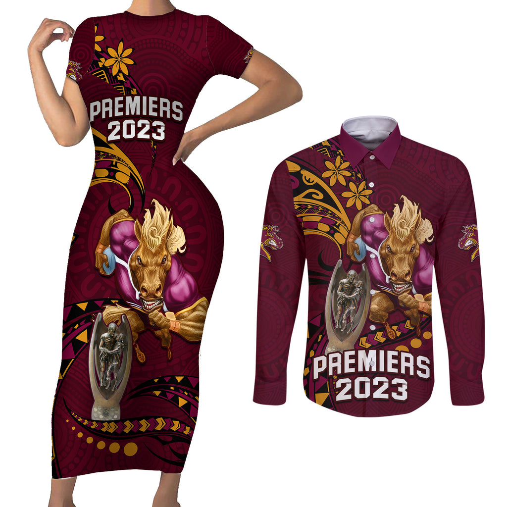 custom-nrl-broncos-premiers-couples-matching-short-sleeve-bodycon-dress-and-long-sleeve-button-shirts-mascot-with-polynesian-pattern-version-2023