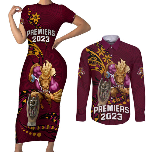 custom-nrl-broncos-premiers-couples-matching-short-sleeve-bodycon-dress-and-long-sleeve-button-shirts-mascot-with-polynesian-pattern-version-2023