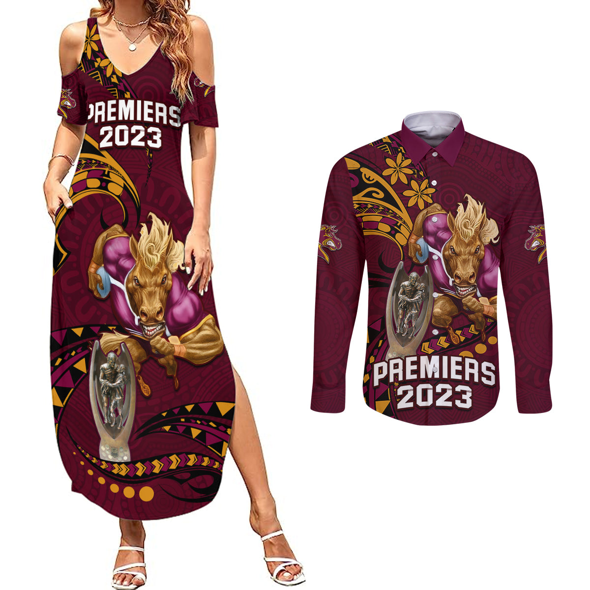 custom-nrl-broncos-premiers-couples-matching-summer-maxi-dress-and-long-sleeve-button-shirts-mascot-with-polynesian-pattern-version-2023