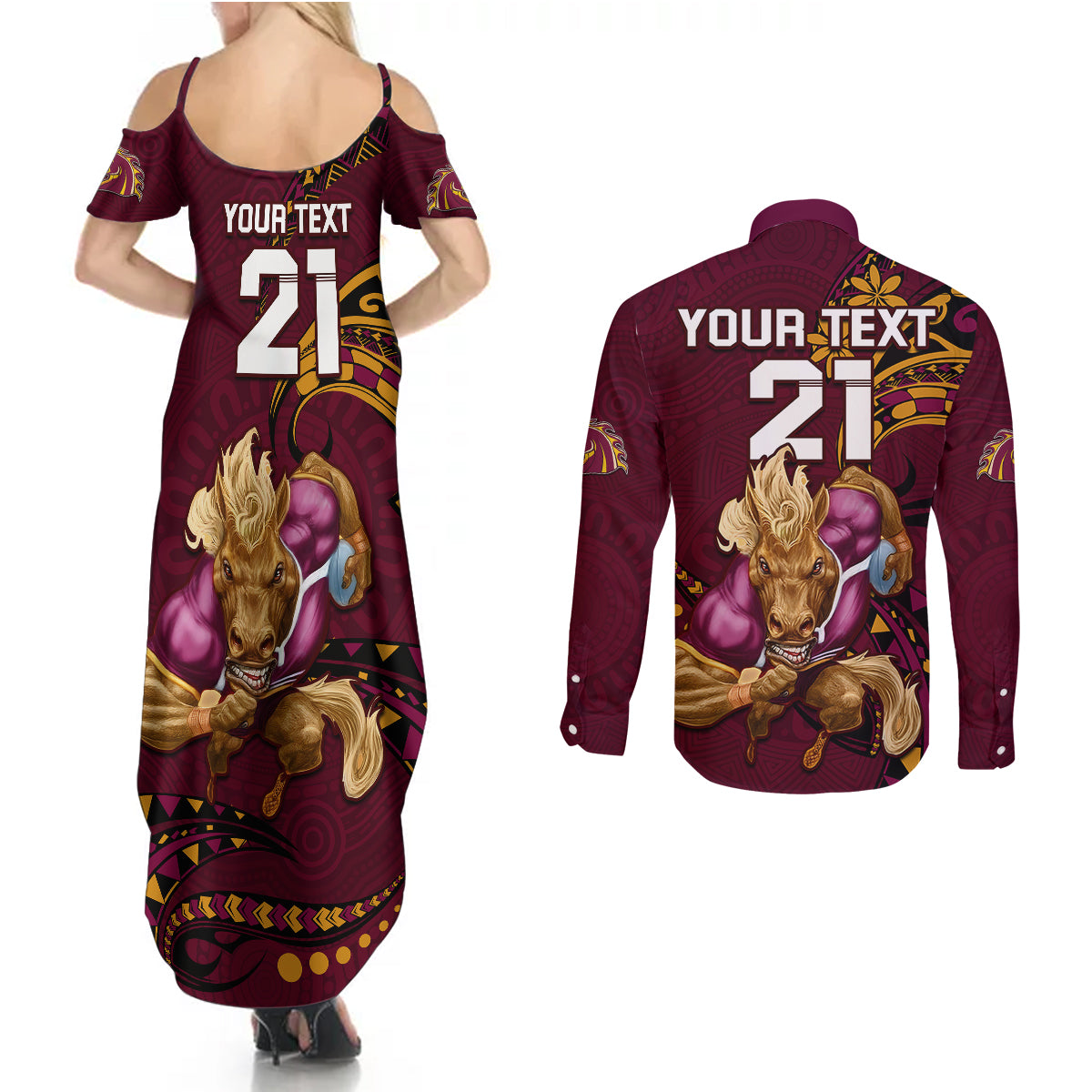 custom-nrl-broncos-premiers-couples-matching-summer-maxi-dress-and-long-sleeve-button-shirts-mascot-with-polynesian-pattern-version-2023